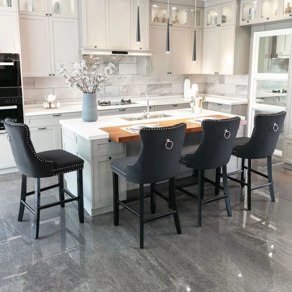 Moderne Samt Barhocker 2er Set mit Nietendekor – Elegante Tresenstühle aus Massivholz