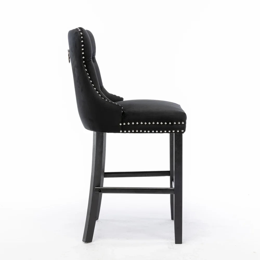 Moderne Samt Barhocker 2er Set mit Nietendekor – Elegante Tresenstühle aus Massivholz