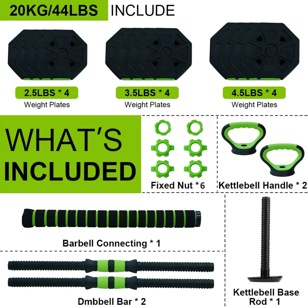 4-in-1 Hantelset Verstellbar – Kurzhantel Kettlebell & Langhantel Set für Homegym