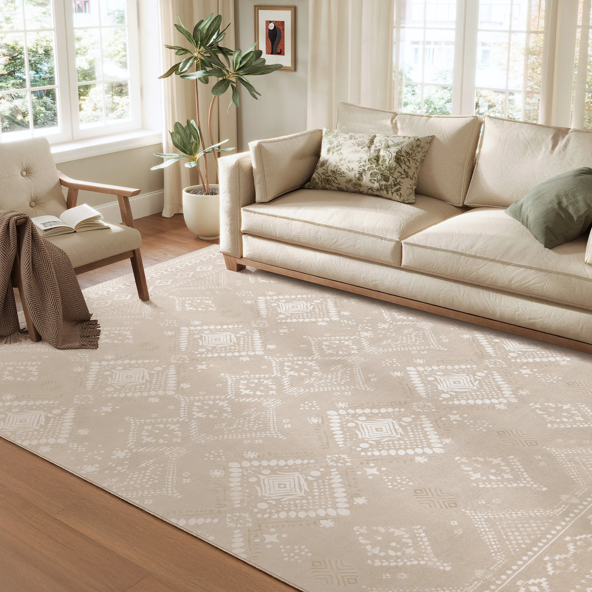 Großer Boho Teppich 200x290cm Waschbar – Plüsch Kunstkaschmir Teppich Wohnzimmer Cappuccino