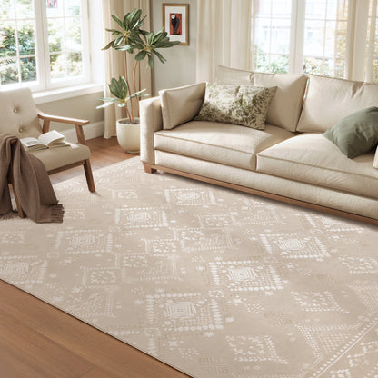 Großer Boho Teppich 200x290cm Waschbar – Plüsch Kunstkaschmir Teppich Wohnzimmer Cappuccino