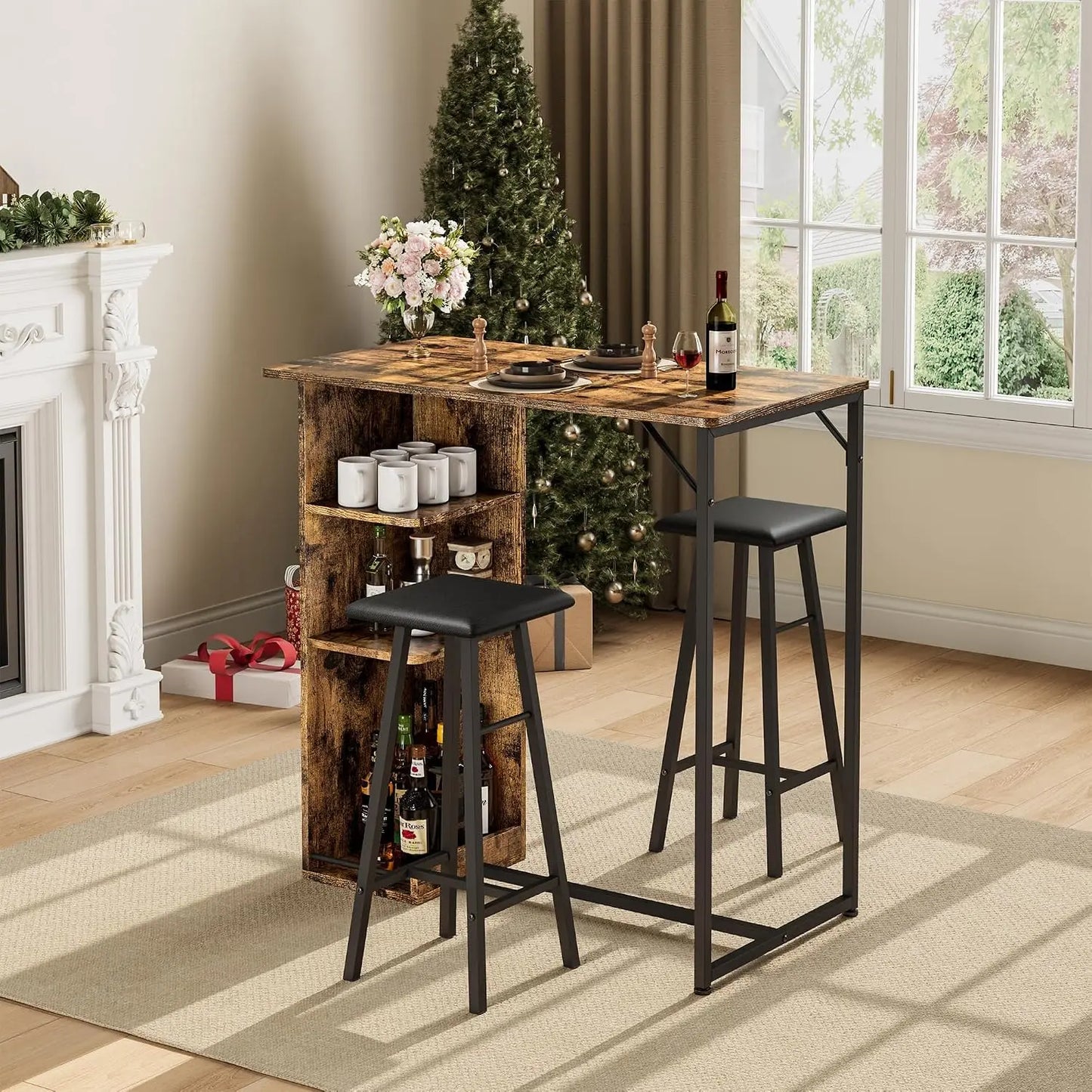 Esstisch Garnitur mit 2 Hocker – Stehtisch Set Holz & Metall mit Regal für die Küche