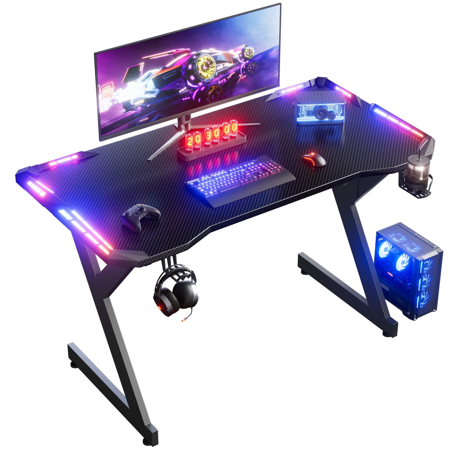 Gaming Schreibtisch LED Schwarz 120 cm – Ergonomischer PC Tisch mit Haken & Becherhalter