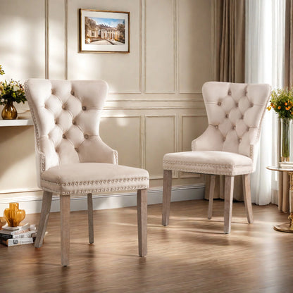 Esszimmerstuhl 2er Set Beige Samt – Elegantes Polsterstuhl Set mit Zugring & Silberknöpfen bis 150kg