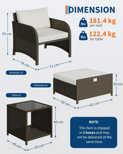 Gartenmoebel Set 5-Teilig Natur – Polyrattan Sitzgruppe mit Hocker, Kissen & Glastisch fuer Balkon, Terrasse & Garten