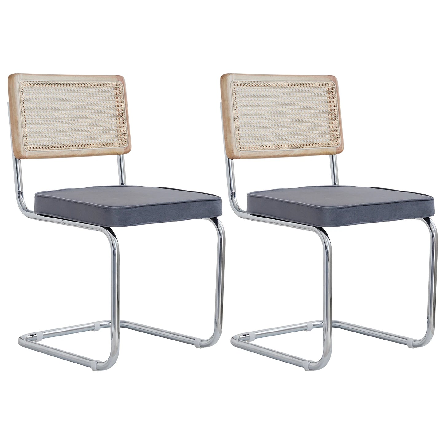 Freischwinger 2er Set Modern – Polsterstuhl Set aus Teddy-Samt & Rattan-Rueckenlehne mit Metallgestell