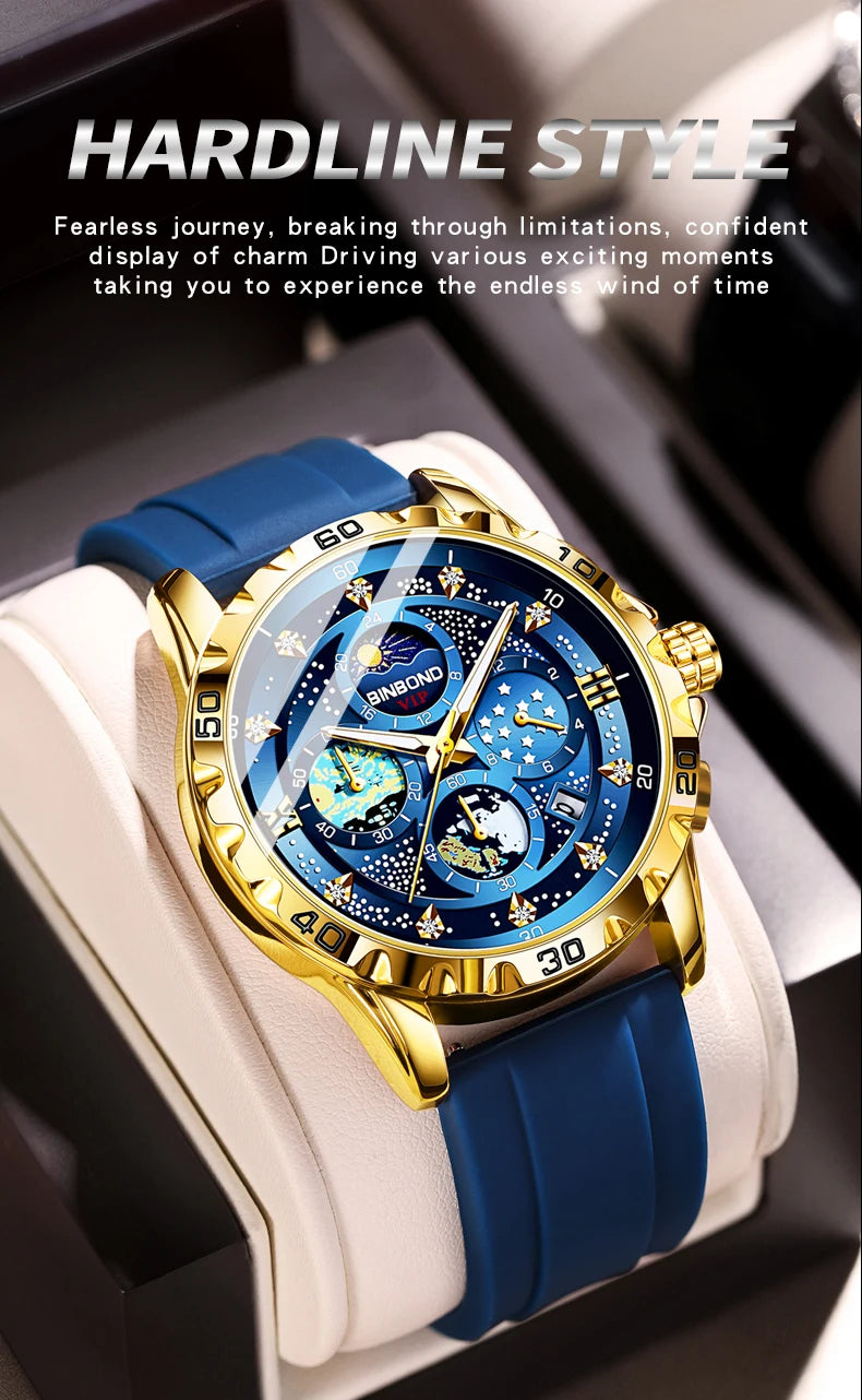 BINBOND Luxus Herrenuhr Blau – Wasserdichte Quarz Armbanduhr mit Chronograph & Datum