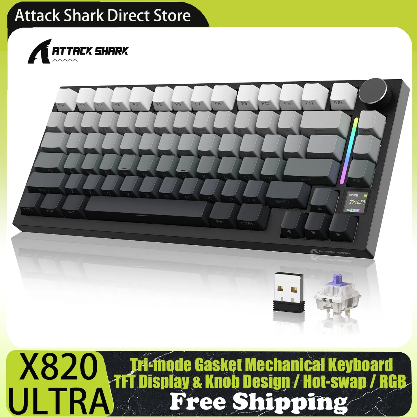 Gaming Tastatur Kabellos 75% – Attack Shark X820 Ultra Mechanical Keyboard mit TFT Display, RGB & Gasket Mount