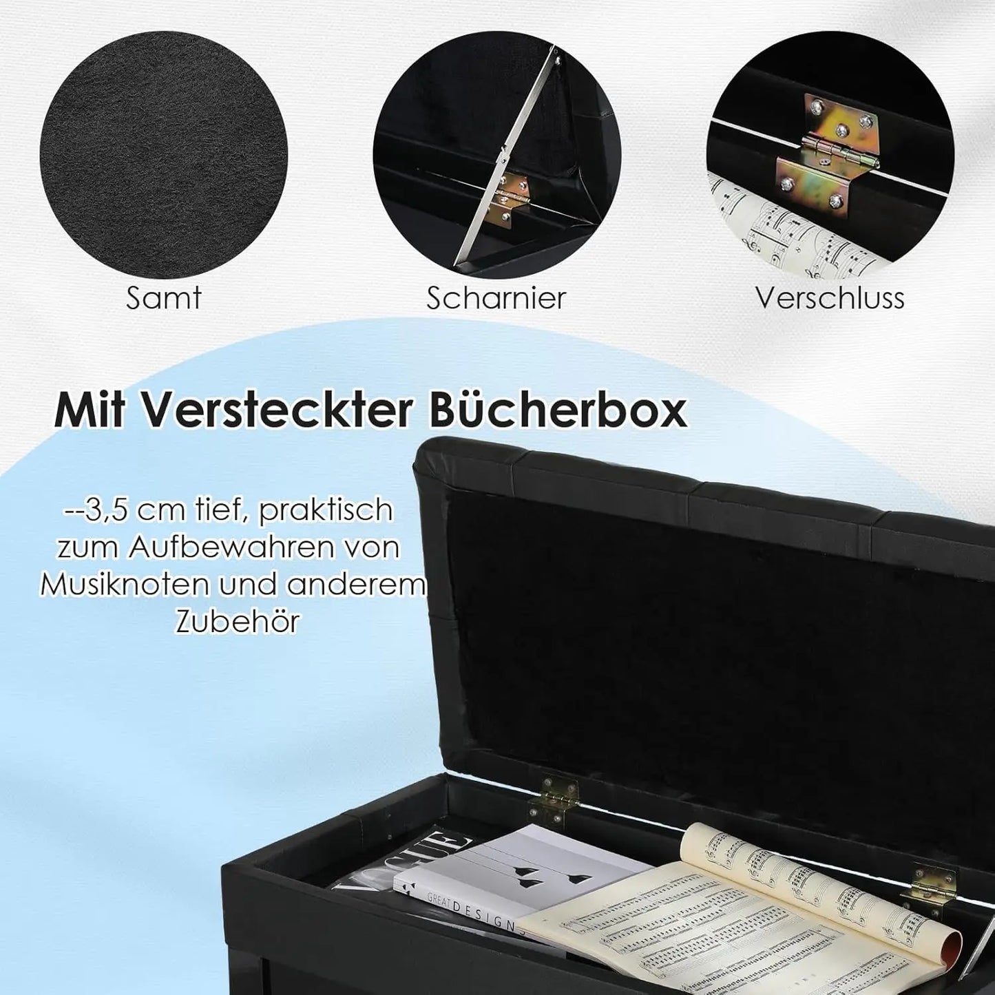 Höhenverstellbare Klavierbank mit Stauraum – Ergonomischer Pianohocker Schwarz Single & Doppel