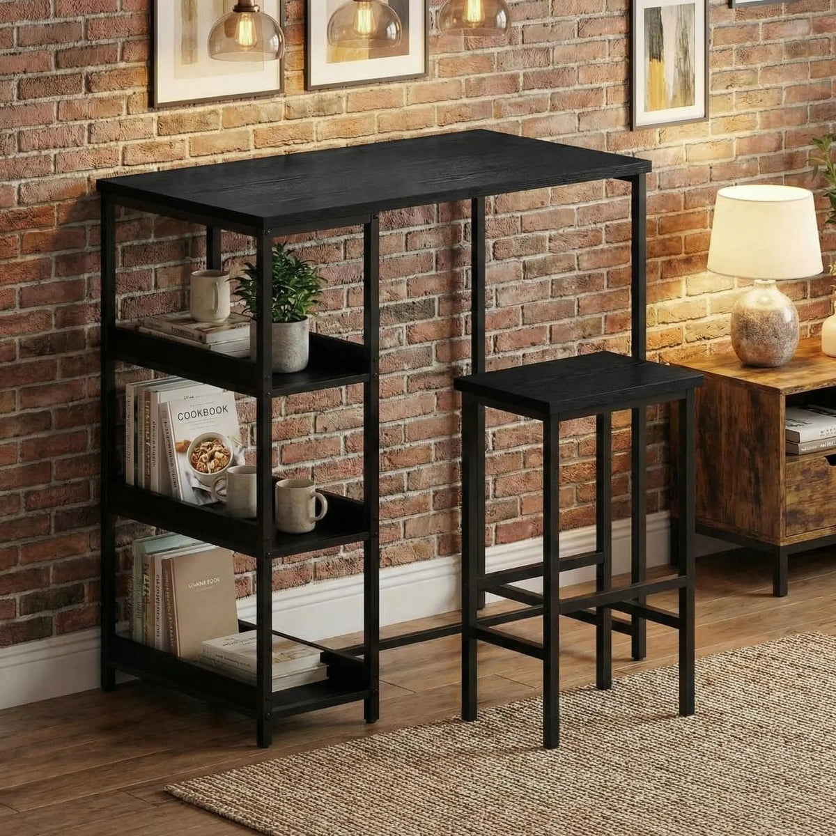 Bartisch Set 3-teilig mit 2 Hockern & Stauraum – Kompakte Sitzgruppe aus Metall & MDF