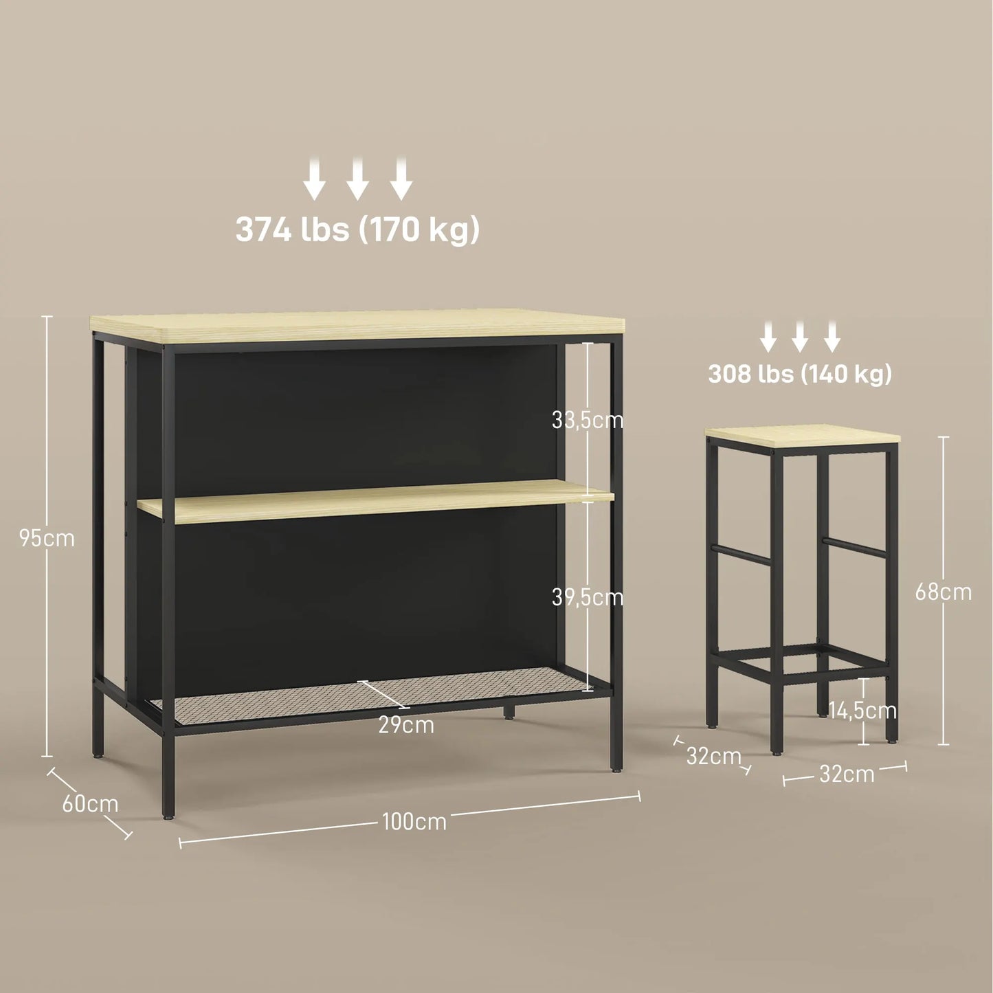 Bartisch Set 3-teilig mit 2 Barhockern Schwarz – Stehtisch mit Ablagefächern & Gitterrost