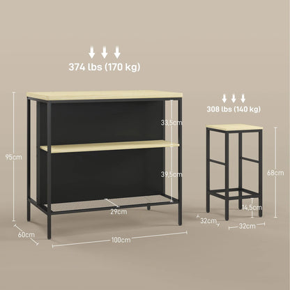Bartisch Set 3-teilig mit 2 Barhockern Schwarz – Stehtisch mit Ablagefächern & Gitterrost