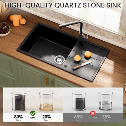 Granit Spülbecken Schwarz 86x45cm mit Siphon – Quarz Einbauspüle Einzelbecken