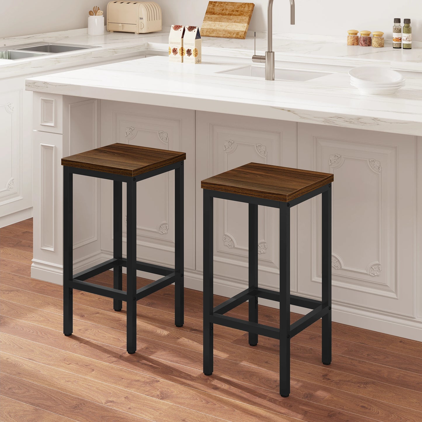 Barhocker 2er Set Industrie-Design 65cm – Kompakter Tresenstuhl aus Metall & Holz bis 120kg