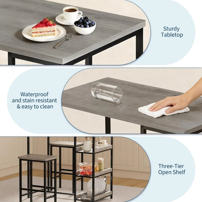 3-Teiliges Bartisch Set mit Regal & Hockern – Platzsparende Essgruppe für kleine Räume