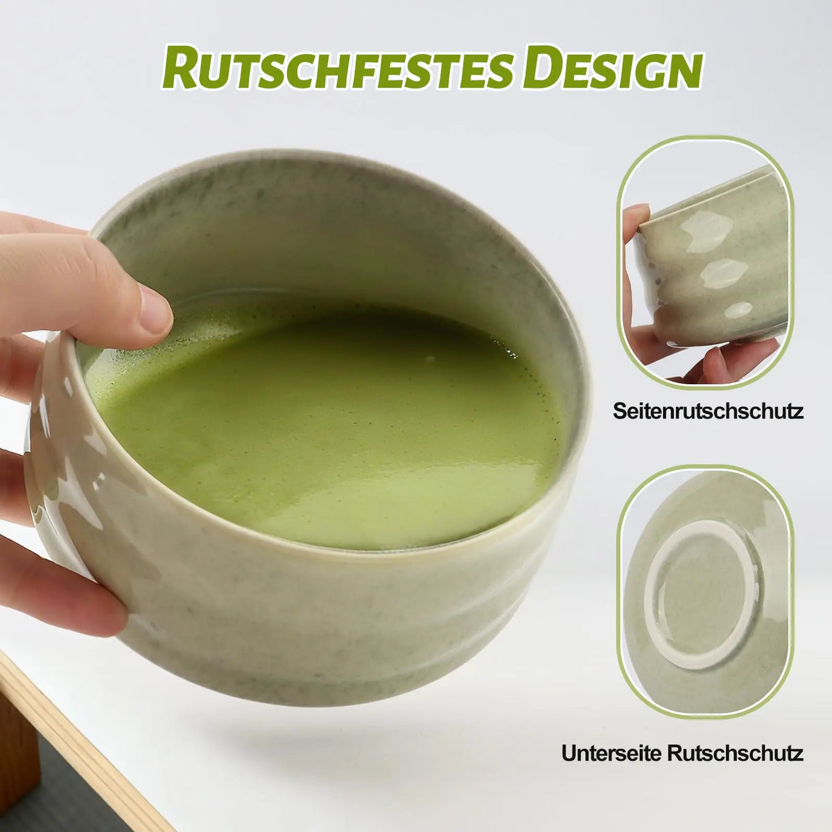 Matcha Set 4-teilig Grün – Traditionelle Matcha Schale mit Bambusbesen & Besenhalter