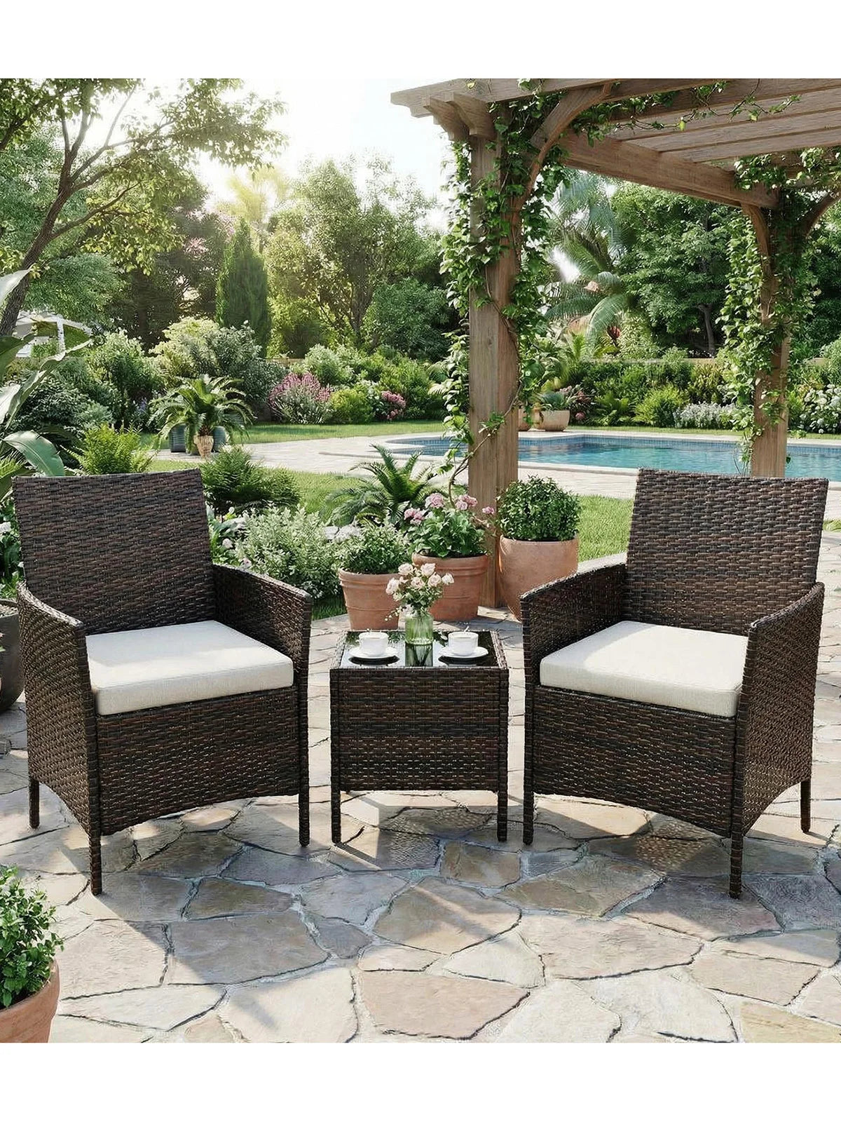 Balkonset 3-Teilig Schwarz – Wetterfeste Polyrattan Sitzgruppe mit Kissen & Glastisch fuer Balkon, Terrasse & Garten