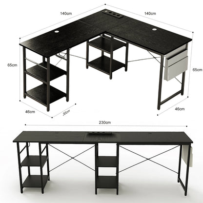 L-förmiger Eckschreibtisch 140 cm Vintage Braun – Höhenverstellbarer Computertisch mit Steckdosen & Regalen