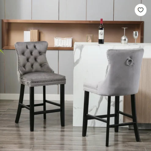 Moderne Samt Barhocker 2er Set mit Nietendekor – Elegante Tresenstühle aus Massivholz