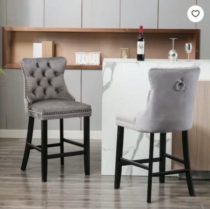 Moderne Samt Barhocker 2er Set mit Nietendekor – Elegante Tresenstühle aus Massivholz