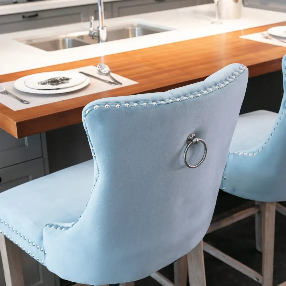 Moderne Samt Barhocker 2er Set mit Nietendekor – Elegante Tresenstühle aus Massivholz