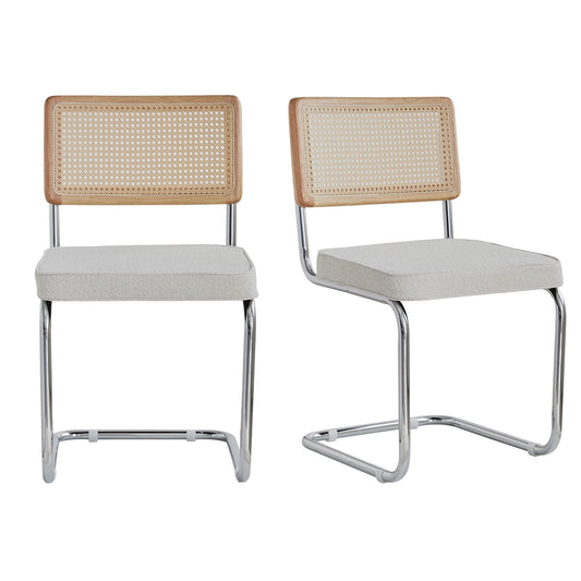 Freischwinger 2er Set Modern – Polsterstuhl Set aus Teddy-Samt & Rattan-Rueckenlehne mit Metallgestell