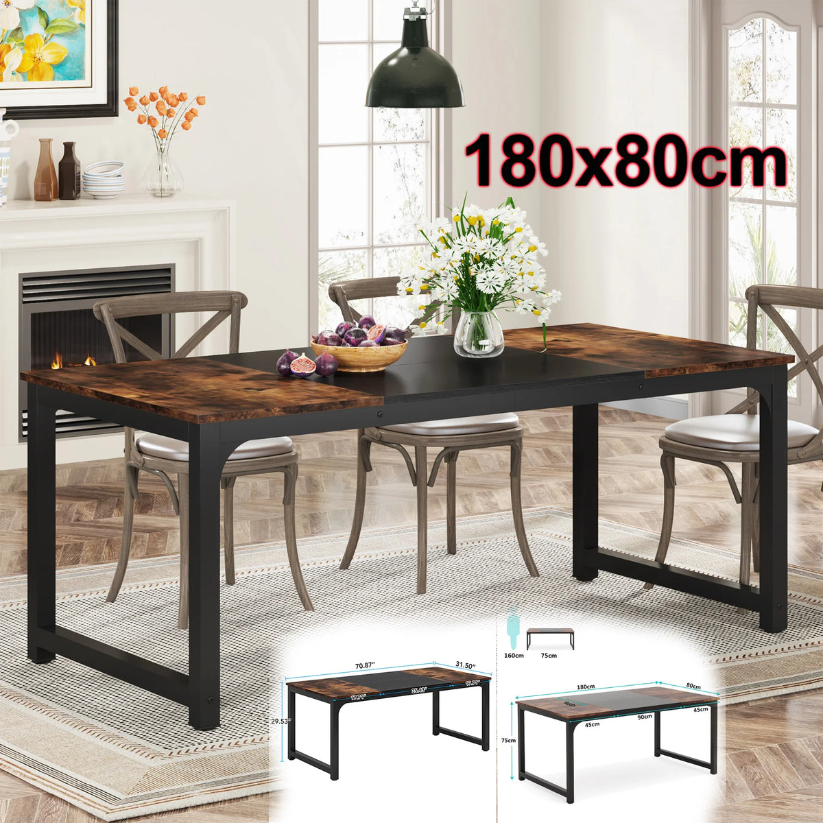 Esstisch Holzoptik Schwarz 160x80cm – Moderner Küchentisch aus Holz & Metall für 6 Personen