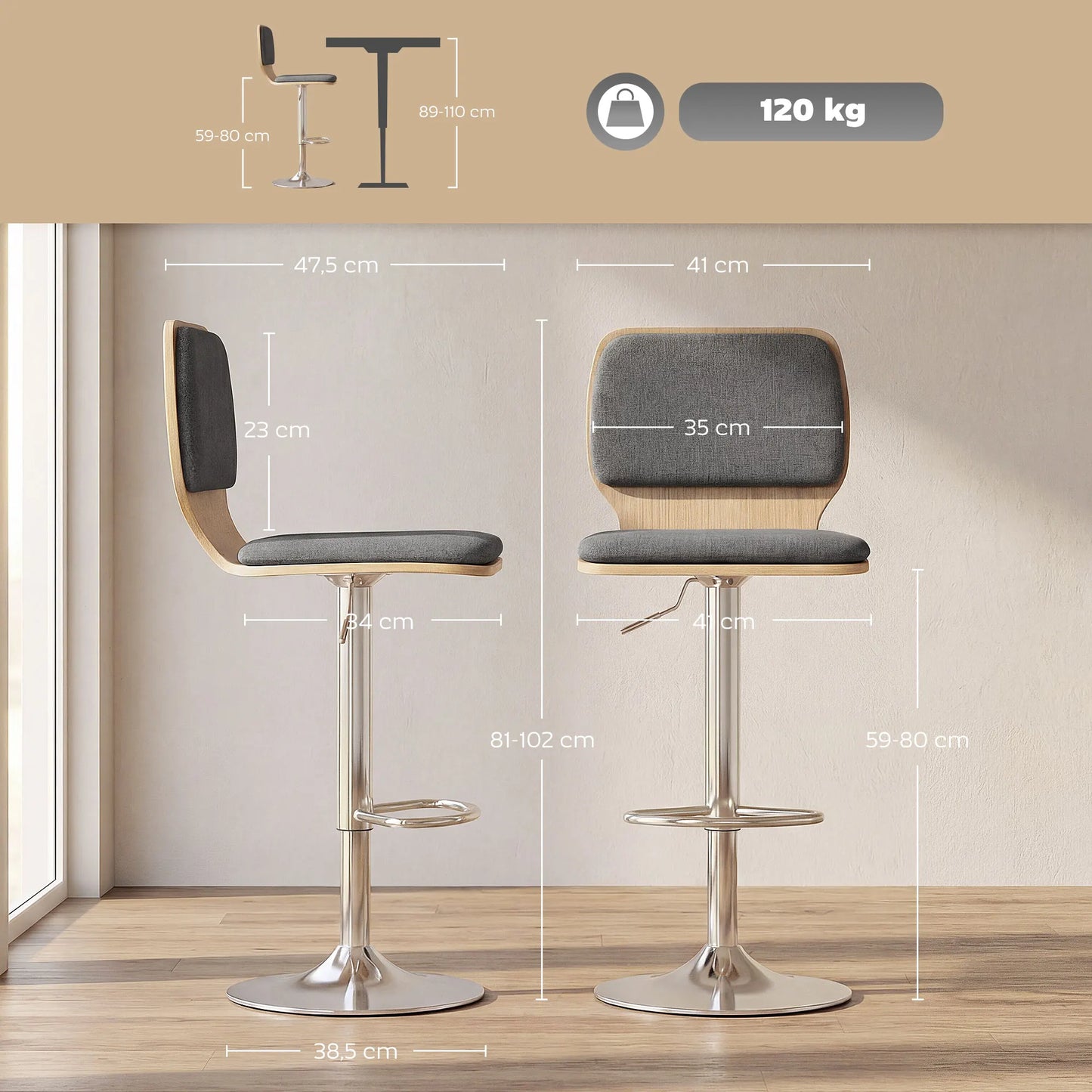 Barhocker 2er Set Grau – Moderne Tresenstuehle Höhenverstellbar mit Stoffbezug & Drehung fuer Kueche & Bar