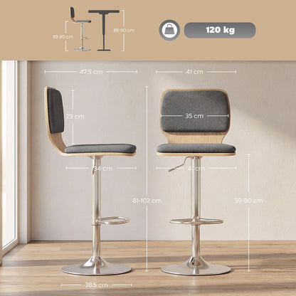 Barhocker 2er Set Grau – Moderne Tresenstuehle Höhenverstellbar mit Stoffbezug & Drehung fuer Kueche & Bar