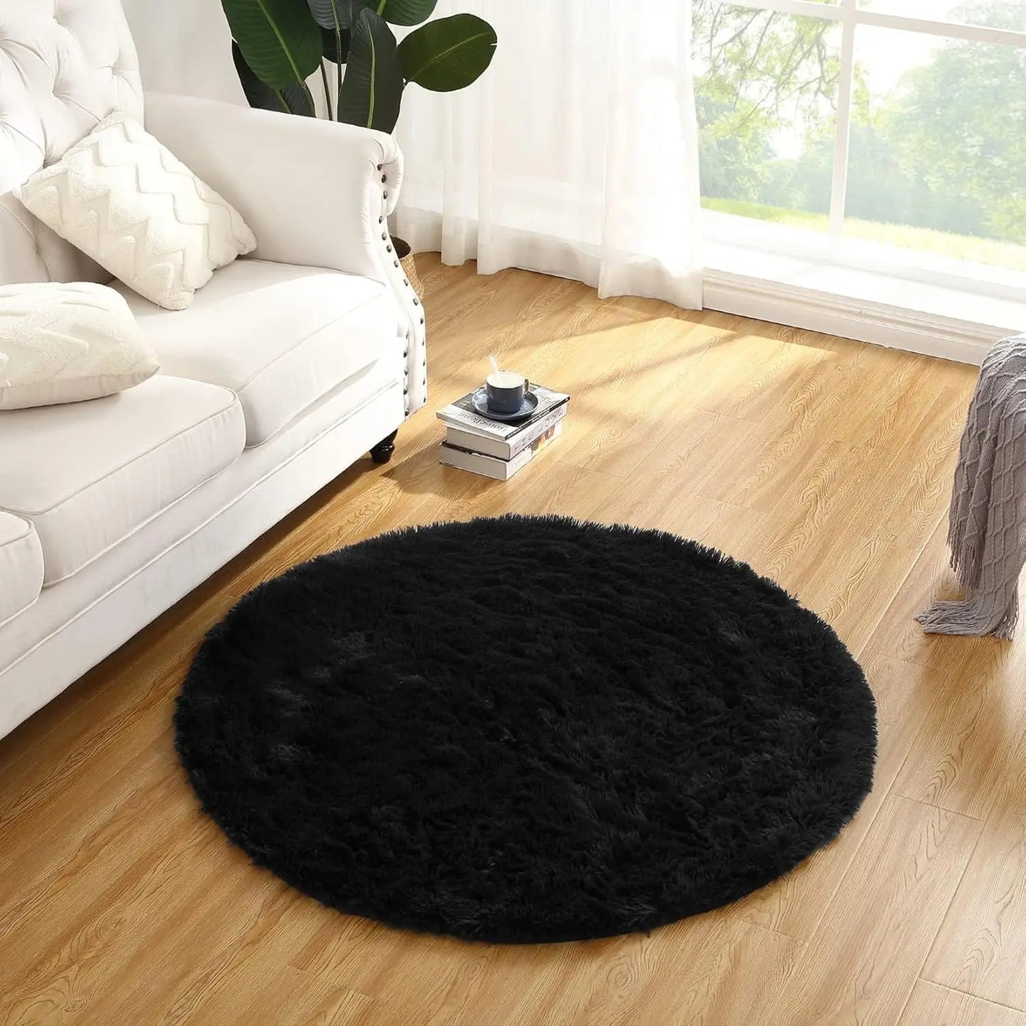 Runder Teppich Schwarz 100cm Flauschig – Weicher Hochflor Teppich für Wohn- & Kinderzimmer