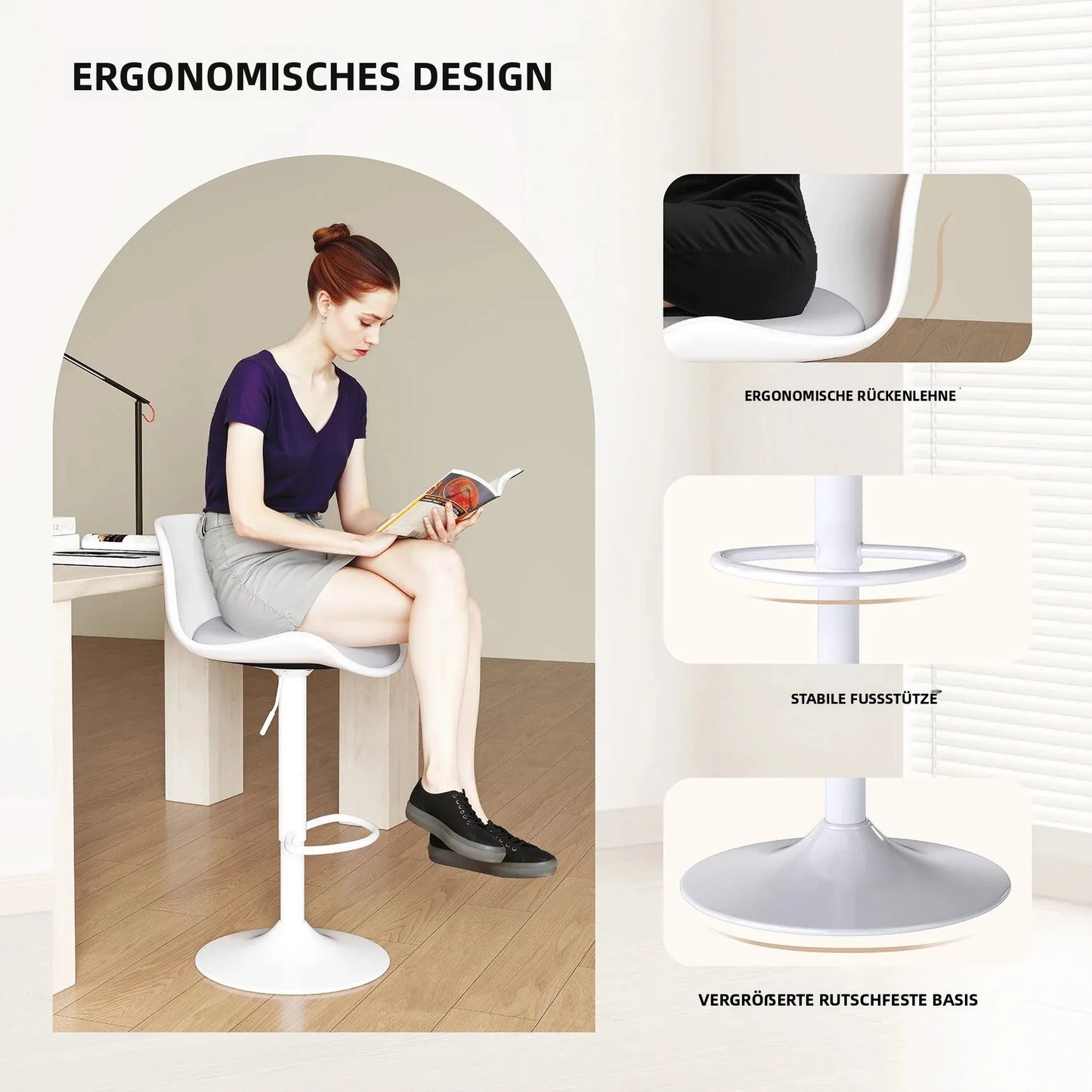 Höhenverstellbarer Barhocker 2er Set Weiß – Drehbarer Tresenstuhl mit Schalenrücken & Metallgestell