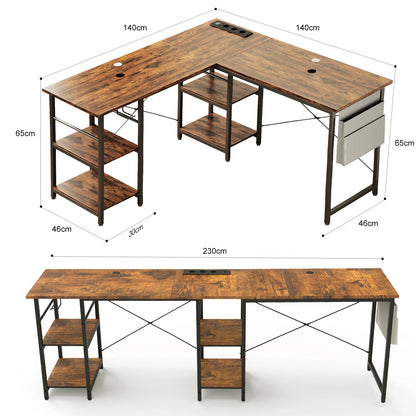 L-förmiger Eckschreibtisch 140 cm Vintage Braun – Höhenverstellbarer Computertisch mit Steckdosen & Regalen