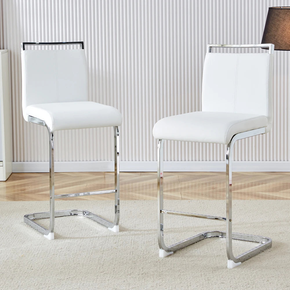 Barhocker 2er Set Silber Weiß – Freischwinger Tresenstühle aus Kunstleder & Metall
