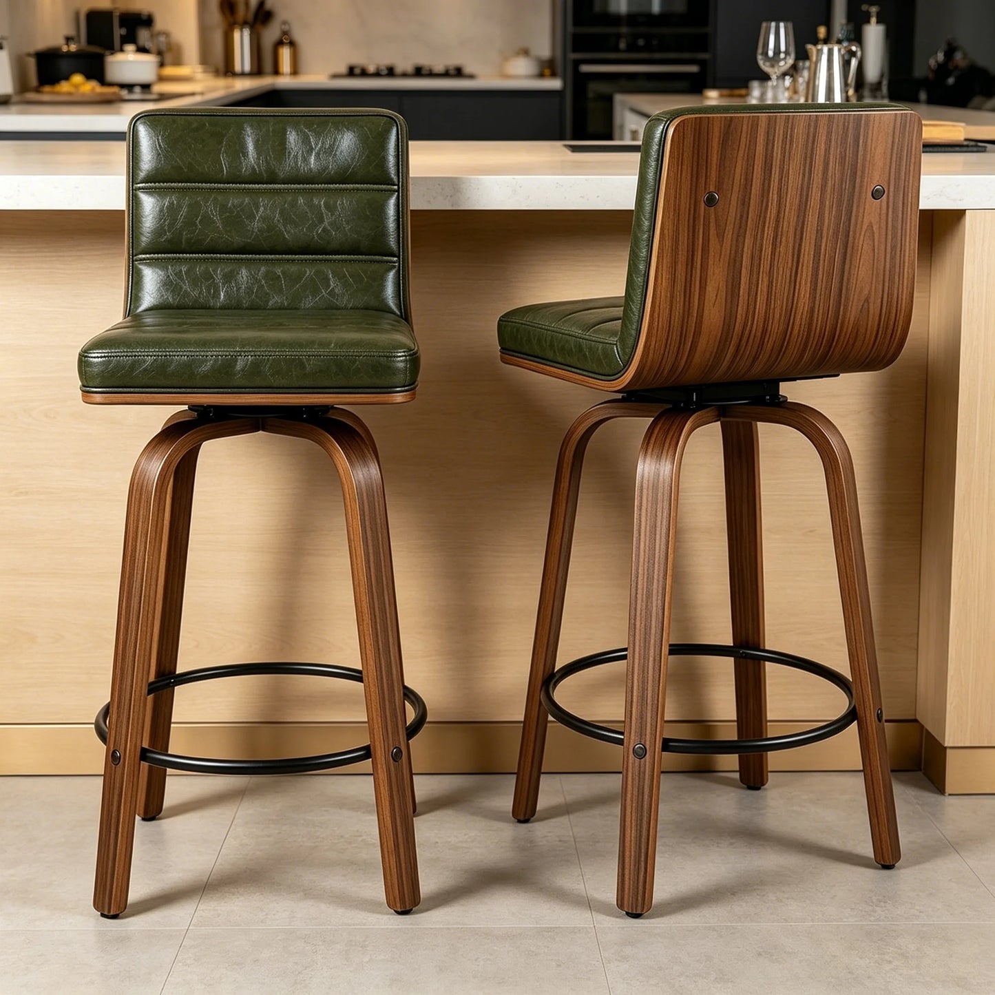 Barhocker 2er Set Holz – Retro Tresenstuehle aus Buchenholz & Kunstleder mit Fussring fuer Kueche & Bar
