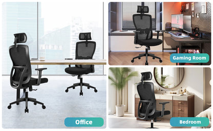 Buerostuhl Ergonomisch Schwarz – Netz Drehstuhl mit Verstellbarer Lendenstuetze & Kopfstuetze bis 150kg