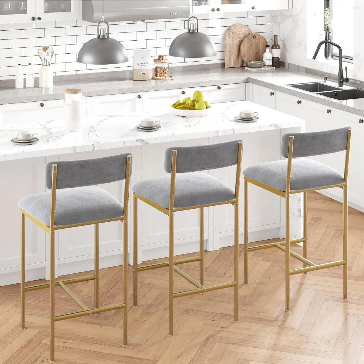 Moderne Rattan Barhocker 2er Set gepolstert – Küchenstuhl mit Fußstütze Metallgestell