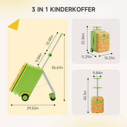 Kinderkoffer zum Draufsitzen 3 in 1 mit Buggy Funktion – Rollkoffer Kinder 38L Handgepaeck