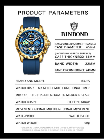 BINBOND Luxus Herrenuhr Blau – Wasserdichte Quarz Armbanduhr mit Chronograph & Datum