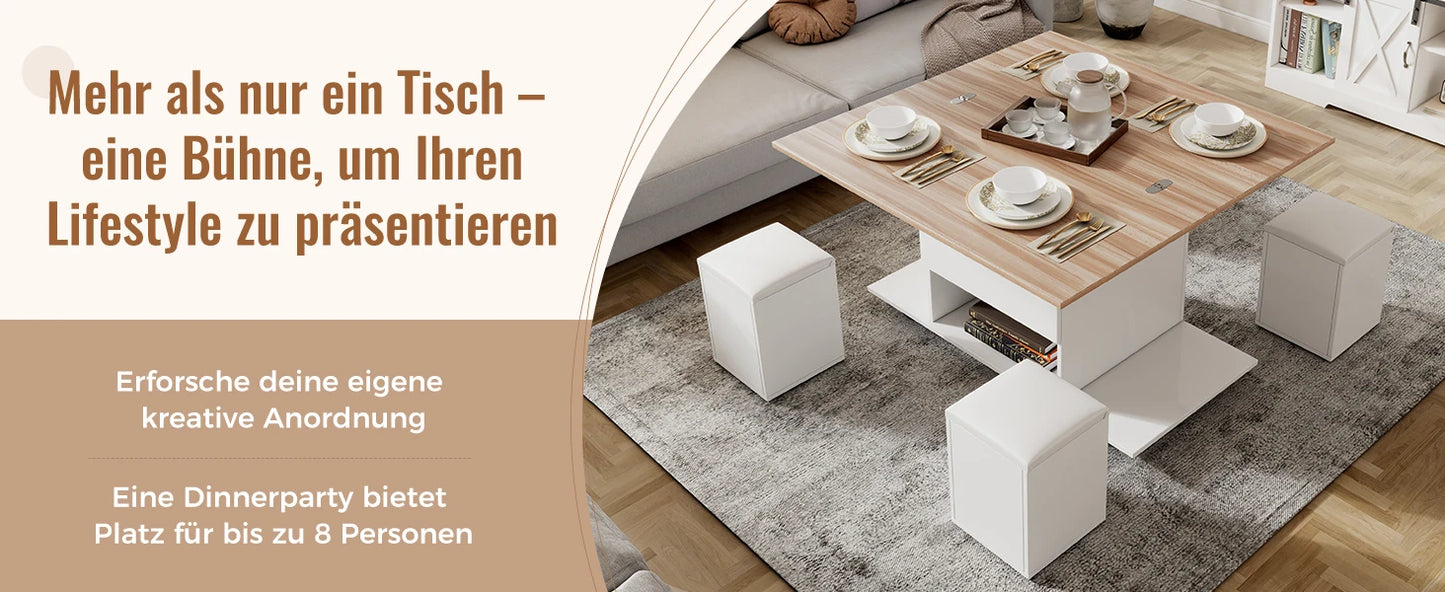 Couchtisch Höhenverstellbar & Ausziehbar – Multifunktionaler Esstisch mit 4 Hockern & Stauraum