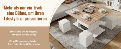 Couchtisch Höhenverstellbar & Ausziehbar – Multifunktionaler Esstisch mit 4 Hockern & Stauraum