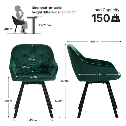 Esszimmerstuhl 2er Set Grau – Modernes 360 Grad Samt Drehsessel Set mit Armlehnen & Kohlenstoffstahl-Beinen bis 150kg