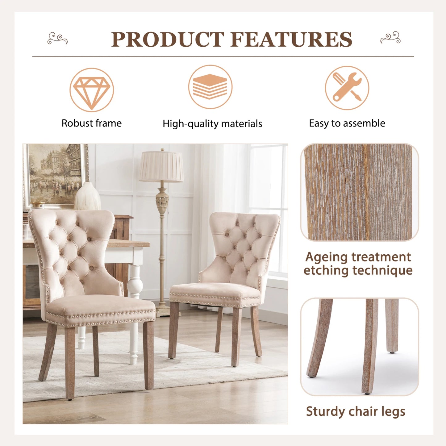 Esszimmerstuhl 2er Set Beige Samt – Elegantes Polsterstuhl Set mit Zugring & Silberknöpfen bis 150kg