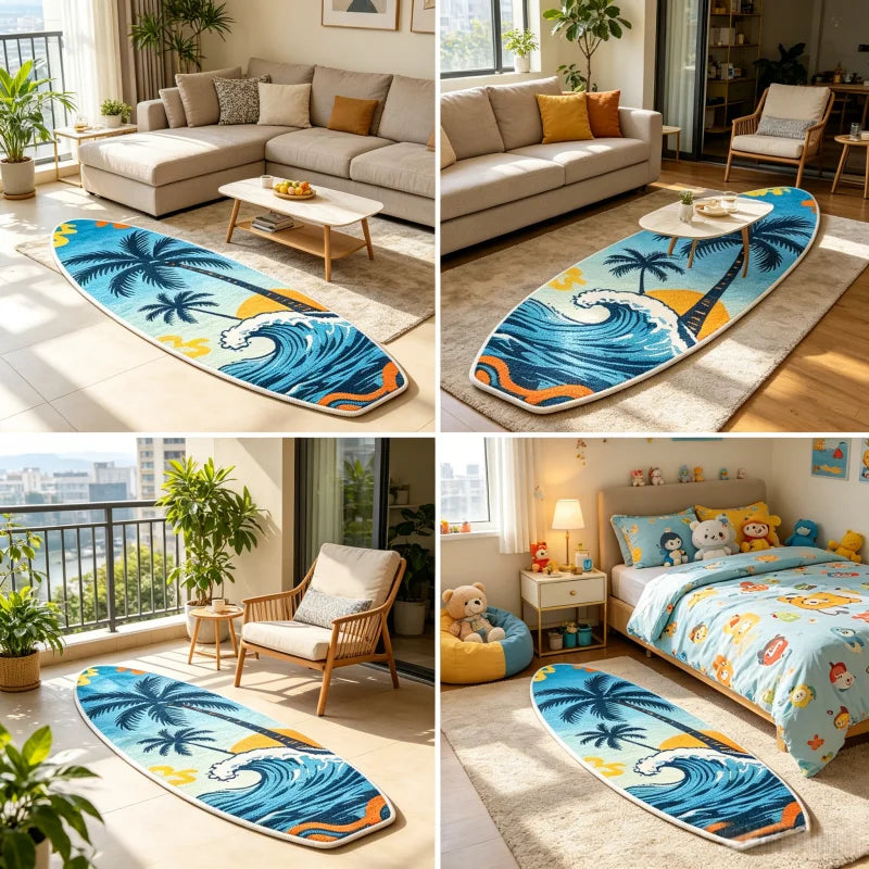 Surfbrett Teppich Tropisch Wave 120x170cm – Weicher Palmen Flurläufer & Kinderzimmer Matte
