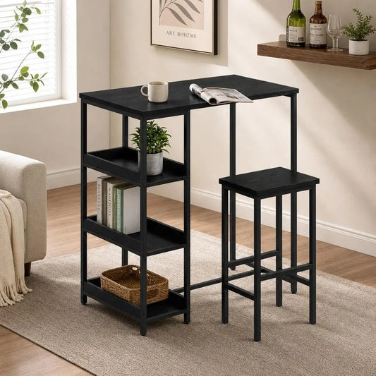 Stehtisch Set mit 2 Hocker – Kompakte Esstisch Garnitur Holz & Metall mit Regal für Küche