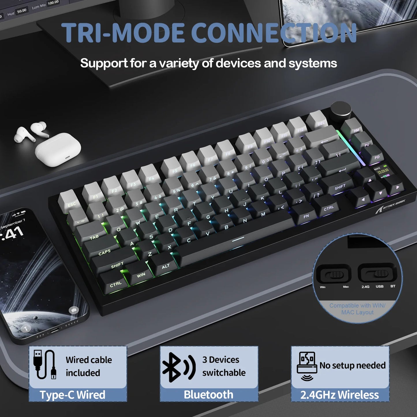 Gaming Tastatur Kabellos 75% – Attack Shark X820 Ultra Mechanical Keyboard mit TFT Display, RGB & Gasket Mount