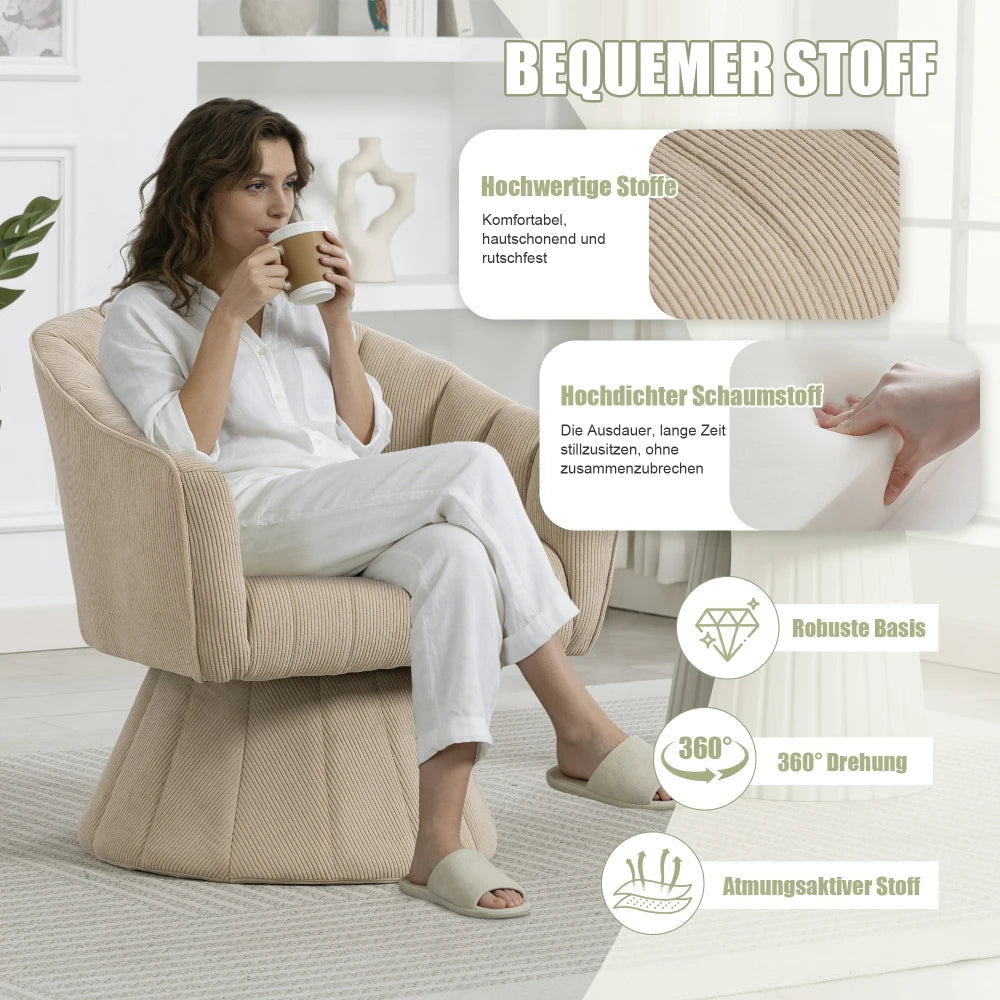 Drehsessel Beige – Modernes 360 Grad Cord Polstersessel Set mit Holzgestell bis 150kg