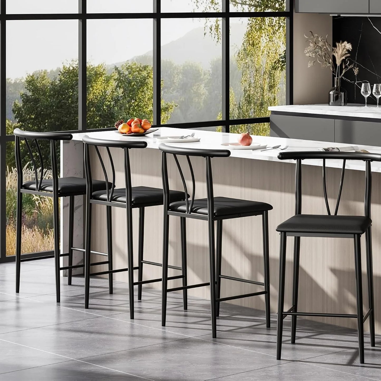 Moderne Barhocker 2er Set gepolstert mit Rückenlehne – Küchenstuhl Metall 63cm Sitzhöhe