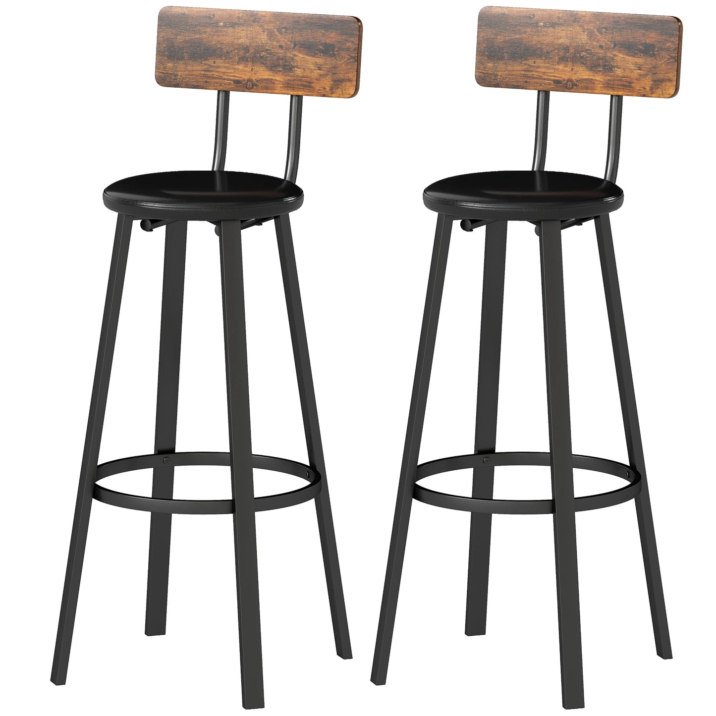 Barhocker 2er Set Industrial Braun & Schwarz – Rustikale Tresenstühle mit Rückenlehne & Polster