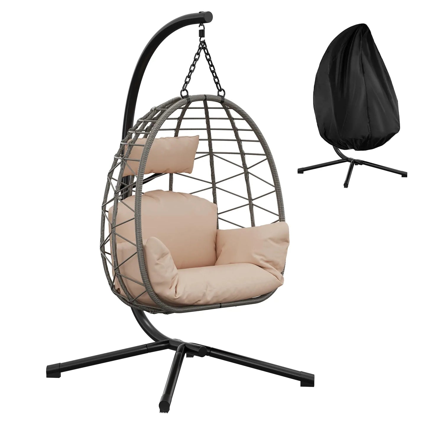 Haengesessel Outdoor Schwarz – Moderner Haengestuhl Ei-Form mit Gestell, Kissen & Schutzhuelle bis 130kg
