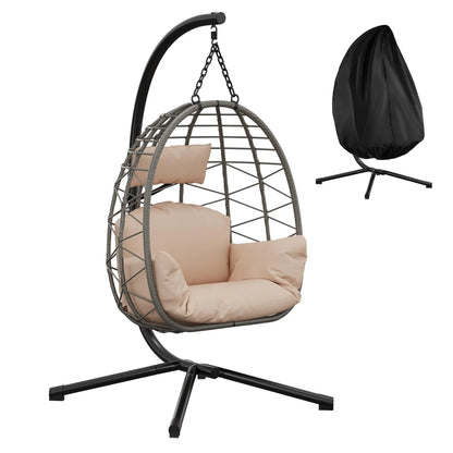 Haengesessel Outdoor Schwarz – Moderner Haengestuhl Ei-Form mit Gestell, Kissen & Schutzhuelle bis 130kg